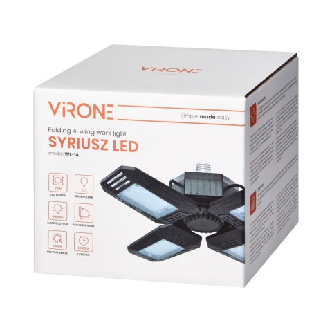 SYRIUSZ LED Składana lampa warsztatowa 4-skrzydłowa, E27, 72W, 4000K, 6480lm