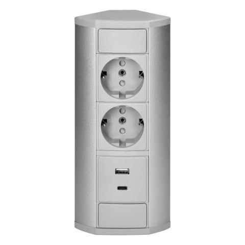Gniazdo meblowe 2x2P+Z (Schuko), 2xUSB (typ A+C; 2,4A), szaro-srebrne