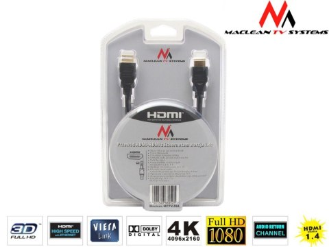 Przewód kabel HDMI-HDMI v1.4 Maclean, gold ethernet, 30AWG, 1.8m, MCTV-524