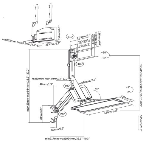 Uchwyt ścienny do monitora i klawiatury Maclean, ze sprężyną gazową i uchwytem na komputer CPU, 17"-32", 9 kg, MC-838