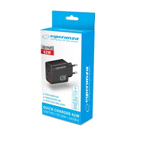 EZC106K Esperanza ładowarka sieciowa 42w usb-c pd 30w / 2x usb-a 12w