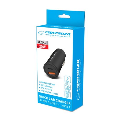 EZC111K Esperanza ładowarka samochodowa 20w usb-c pd 20w / usb-a qc 3.0 18w