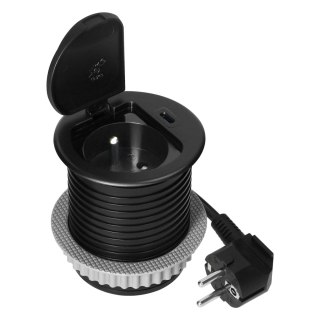Gniazdo meblowe ?6cm wpuszczane w blat z pokrywką, ładowarką USB i przewodem 1,9m, 1x2P+Z (French), 1xUSB (typ C; 20W), czarne