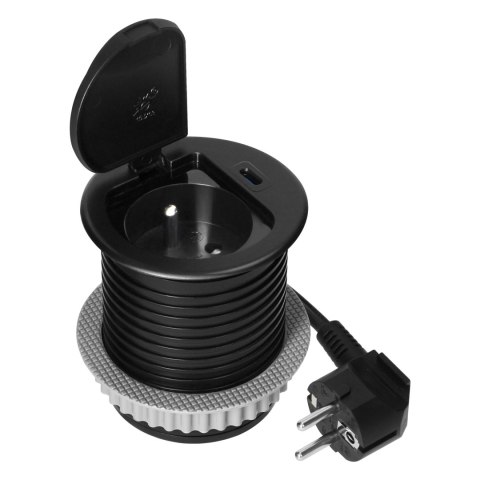 Gniazdo meblowe ?6cm wpuszczane w blat z pokrywką, ładowarką USB i przewodem 1,9m, 1x2P+Z (French), 1xUSB (typ C; 20W), czarne