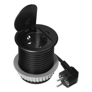 Gniazdo meblowe ?6cm wpuszczane w blat z pokrywką, ładowarką USB i przewodem 1,9m, 1x2P+Z (Schuko), 1xUSB (typ C; 20W), czarne