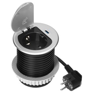 Gniazdo meblowe ?6cm wpuszczane w blat z pokrywką, ładowarką USB i przewodem 1,9m, 1x2P+Z (Schuko), 1xUSB (typ C; 20W), srebrne