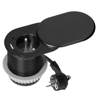 Gniazdo meblowe ?6cm, wpuszczane w blat z przesuwną pokrywką, ładowarką USB i przewodem 1,9m, 1x2P+Z (French), 1xUSB (typ A+C; P