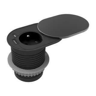 Gniazdo meblowe ?6cm, wpuszczane w blat z przesuwną pokrywką, ładowarką USB i przewodem 1,9m, 1x2P+Z (French), 1xUSB (typ A+C; P