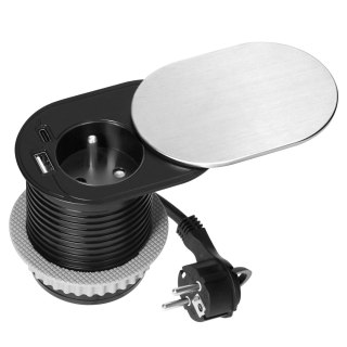 Gniazdo meblowe ?6cm, wpuszczane w blat z przesuwną pokrywką, ładowarką USB i przewodem 1,9m, 1x2P+Z (French), 1xUSB (typ A+C; P