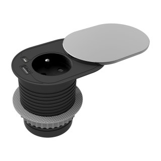 Gniazdo meblowe ?6cm, wpuszczane w blat z przesuwną pokrywką, ładowarką USB i przewodem 1,9m, 1x2P+Z (French), 1xUSB (typ A+C; P