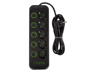 98-208# Przedłużacz sieciowy ps-530s 5-gniazd 4xusb 1xusb-c 3m czarny 3x1mm