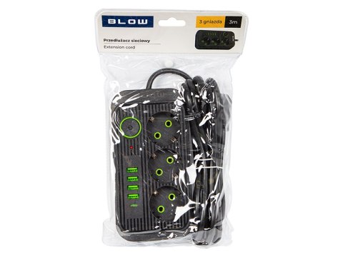 98-234# Przedłużacz sieciowy ps-330s 3-gniazda 4xusb 1xusb-c 3m czarny 3x1mm