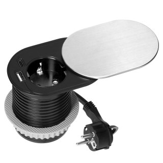 Gniazdo meblowe ?6cm, wpuszczane w blat z przesuwną pokrywką, ładowarką USB i przewodem 1,9m, 1x2P+Z (Schuko), 1xUSB (typ A+C; P