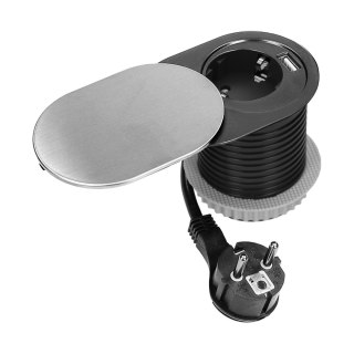 Gniazdo meblowe ?6cm, wpuszczane w blat z przesuwną pokrywką, ładowarką USB i przewodem 1,9m, 1x2P+Z (Schuko), 1xUSB (typ A+C; P