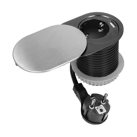 Gniazdo meblowe ?6cm, wpuszczane w blat z przesuwną pokrywką, ładowarką USB i przewodem 1,9m, 1x2P+Z (Schuko), 1xUSB (typ A+C; P