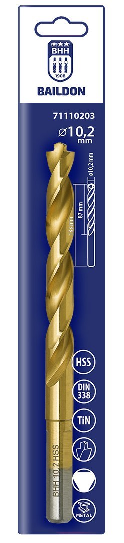 Wiertło do metalu Baildon DIN 338 RN 10,2 mm, HSS TiN (S), 133-87 mm (chwyt 3-płaszczyznowy)