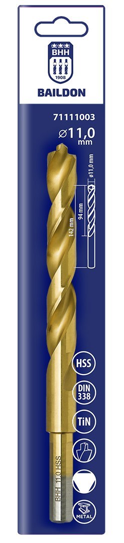 Wiertło do metalu Baildon DIN 338 RN 11 mm, HSS TiN (S), 142-94 mm (chwyt 3-płaszczyznowy)