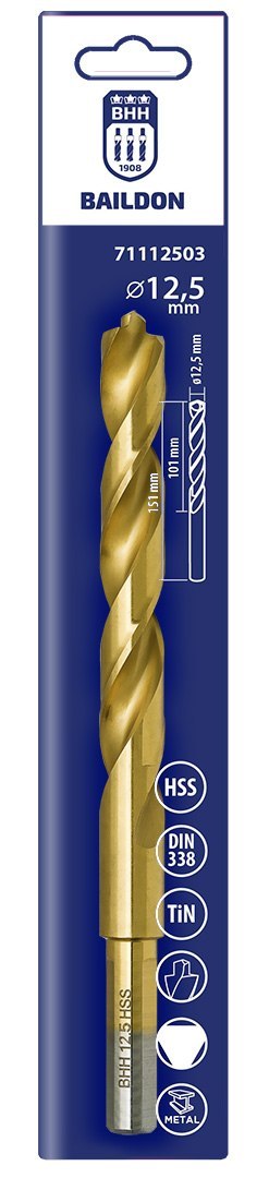 Wiertło do metalu Baildon DIN 338 RN 12,5 mm, HSS TiN (S), 151-101 mm (chwyt 3-płaszczyznowy)
