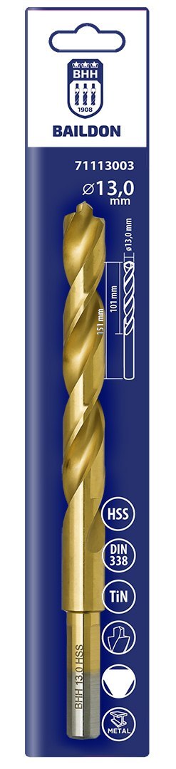 Wiertło do metalu Baildon DIN 338 RN 13 mm, HSS TiN (S), 151-101 mm (chwyt 3-płaszczyznowy)