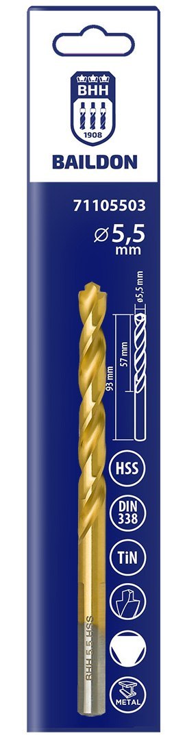 Wiertło do metalu Baildon DIN 338 RN 5,5 mm, HSS TiN (S), 93-57 mm (chwyt 3-płaszczyznowy)