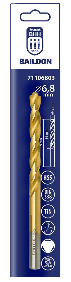 Wiertło do metalu Baildon DIN 338 RN 6,8 mm, HSS TiN (S), 109-69 mm (chwyt 3-płaszczyznowy)
