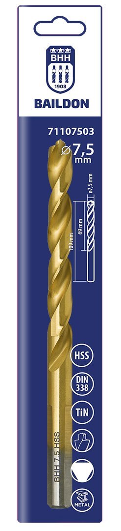 Wiertło do metalu Baildon DIN 338 RN 7,5 mm, HSS TiN (S), 109-69 mm (chwyt 3-płaszczyznowy)