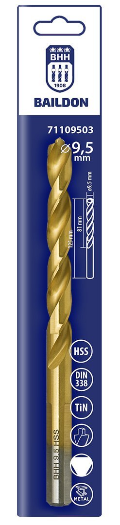 Wiertło do metalu Baildon DIN 338 RN 9,5 mm, HSS TiN (S), 125-81 mm (chwyt 3-płaszczyznowy)