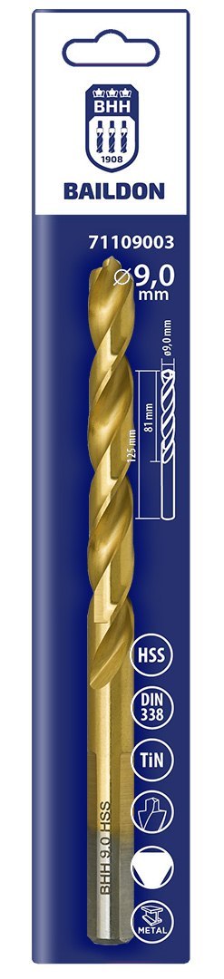 Wiertło do metalu Baildon DIN 338 RN 9 mm, HSS TiN (S), 125-81 mm (chwyt 3-płaszczyznowy)