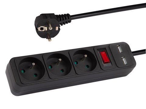98-774# Przedłużacz sieciowy pr-370wsp/usb 3-gniazda+usb z uziemieniem+wyłącznik 1,5m czarny 3x1,5mm