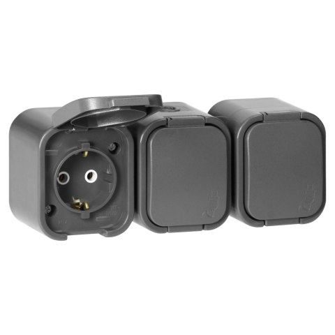 Gniazdo potrójne n/t 3x2P+Z, Schuko, bryzgoszczelne z klapką B2, IP54, NT-317 B2, szary