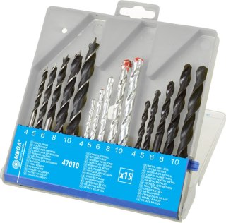 Wiertła komplet: beton(5), drewno(5), metal(5) pud.plast
