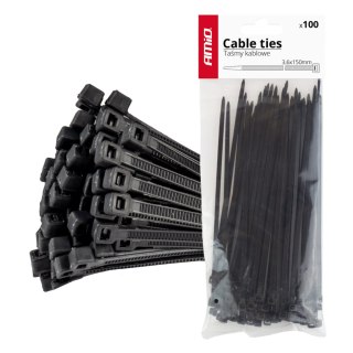 Taśmy opaski zaciskowe kablowe czarne 3,6x150mm - 100 szt. amio-02153