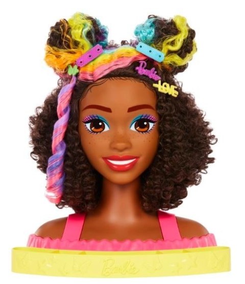 Barbie głowa do stylizacji neonowa tęcza kręcone włosy