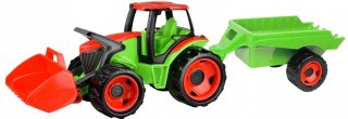 Pojazd traktor z łyżką i przyczepą czerwono-zielony