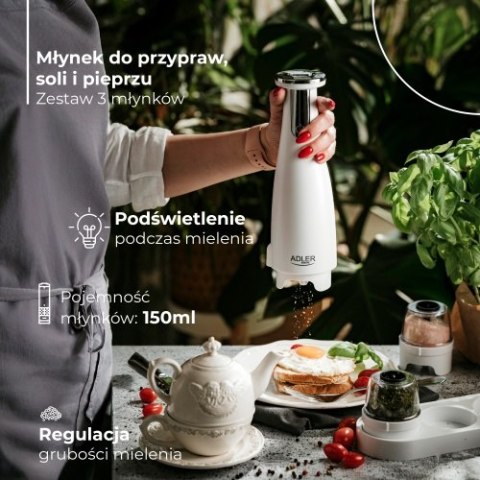 AD 4449 white Młynek do przypraw, soli i pieprzu - zestaw 3 młynków - usb