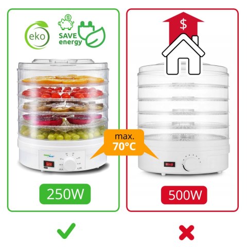 Suszarka do grzybów, warzyw i owoców GreenBlue, moc 250W - bardzo cicha, wysokie sito 3,5cm, szeroka 32cm, GB190