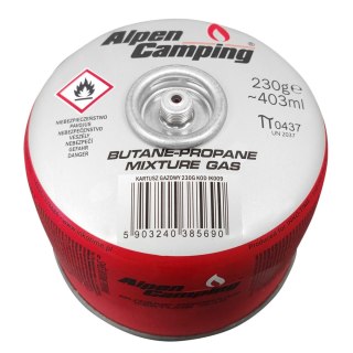 Kartusz gazowy 230g Alpen Camping. certyfikat: Pi 0656, zgodny z EN417, propan-butan, zakres -10°c do+ 40°c, zawór gwintowany 7/
