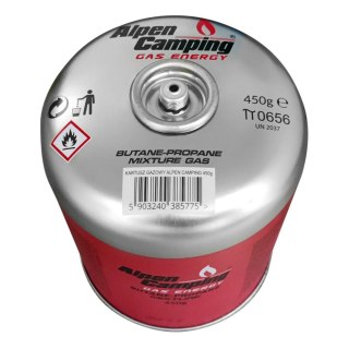 Kartusz gazowy 450g Alpen Camping. certyfikat: Pi 0437, zgodny z EN417, propan-butan, zakres -10°c do+ 40°c, zawór gwintowany 7/