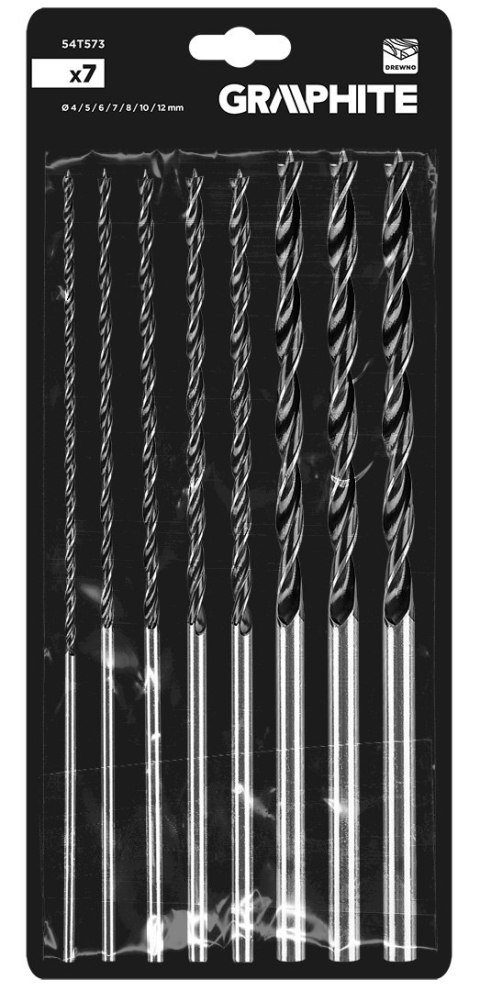 Zestaw wierteł do drewna, przedłużanych: 4, 5, 6, 7, 8, 10, 12 mm x 300 mm, 7 sztuk