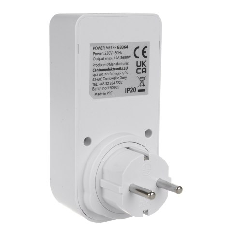 Miernik energii GreenBlue, watomierz, typ F, 220-240V AC, 50Hz, max. obciążenie 16A, IP20, wbudowana bateria, GB364 F