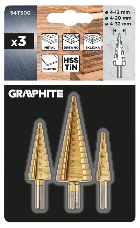 Wiertła stopniowe: 4-12, 4-20, 4-32 mm, TiN, zestaw 3 szt.