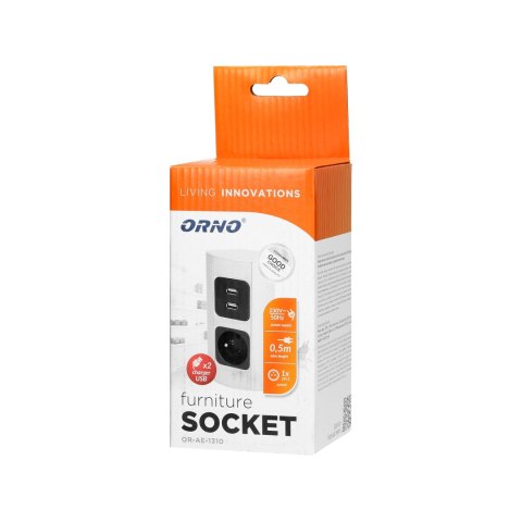 Gniazdo meblowe 1x2P+Z, 2xUSB, wersja schuko