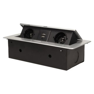 Gniazdo meblowe wpuszczane w blat z płaskim frezowanym rantem i ładowarką USB, 2x2P+Z, 2xUSB, srebrny