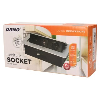 Gniazdo meblowe wpuszczane w blat z płaskim frezowanym rantem i ładowarką USB, 2x2P+Z, 2xUSB, srebrny