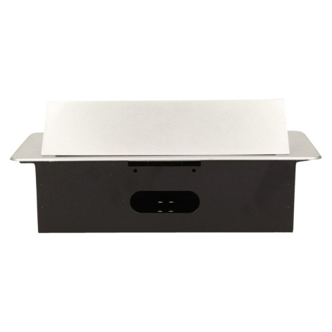 Gniazdo meblowe wpuszczane w blat z płaskim frezowanym rantem i ładowarką USB, 2x2P+Z, 2xUSB, srebrny