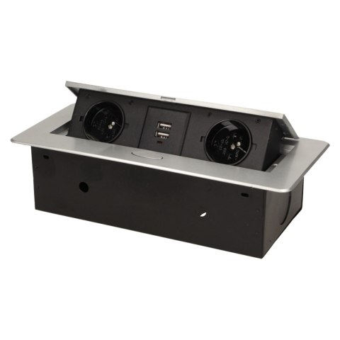 Gniazdo meblowe wpuszczane w blat z płaskim frezowanym rantem i ładowarką USB, 2x2P+Z, 2xUSB, srebrny