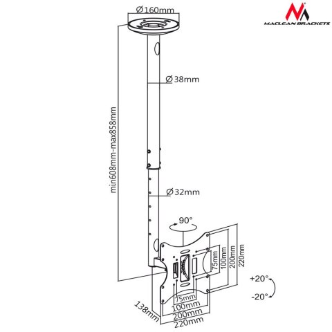 Uchwyt do telewizora sufitowy Maclean, 23-42", 50 - 85 cm, 30kg, czarny, MC-504A B