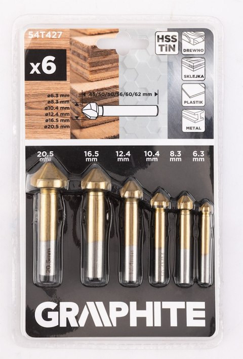 Wiertła fazujące stożkowe pogłębiacze TiN, 6.3-20.5 mm, zestaw 6 szt.