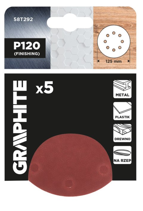 Krążki ścierne na rzep 125 mm, P120, 5 szt., z 8 otworami