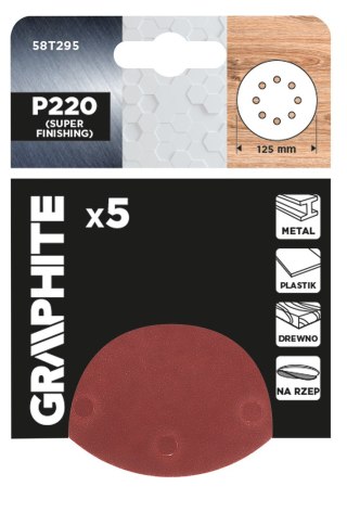 Krążki ścierne na rzep 125 mm, P220, 5 szt., z 8 otworami